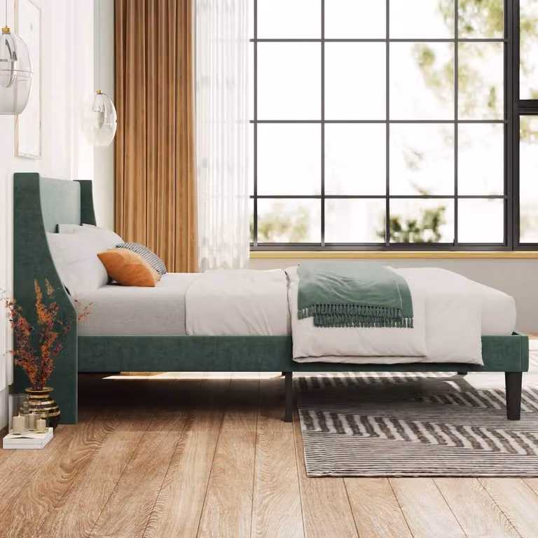 Rolipo Green Velvet Retro Bed with Upholstered Frame, W/D/H: 90 x 190 cm