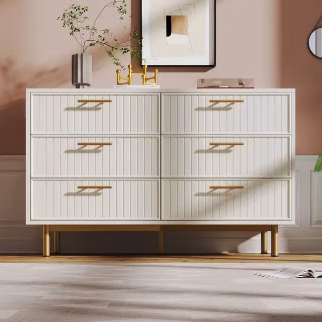Merax White Fluted 6 Drawer Chest of Drawers with Gold Handles