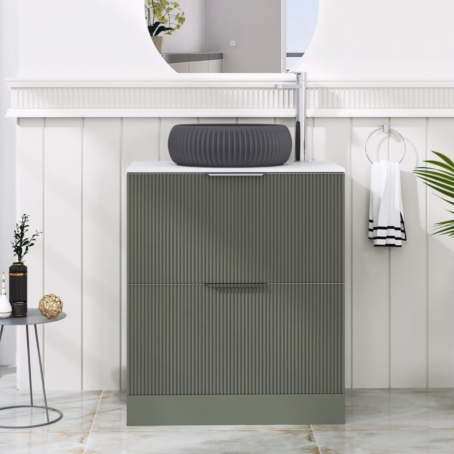 Royal Bathrooms Evora 700mm Sage Green Fluted Floor Standing 2 Drawer Vanity Unit with Milan Black Basin