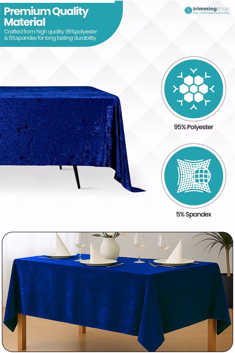 Neel Blue Diamond Velvet Rectangular Tablecloth in Navy Blue, W: 228.6 cm x L: 396.24 cm – 3