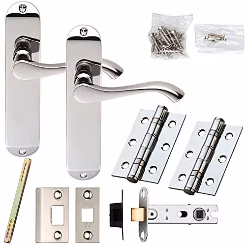 Loops Chrome Modern Scroll Lever Door Handle and Latch Pack with Round Backplate, W: 180 mm x H: 40 mm