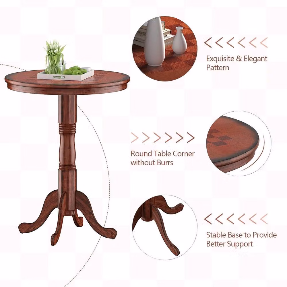 VOGREX Round Rubberwood Pedestal Side Table in Brown, H 76.0 cm x W 106.0 cm – 3