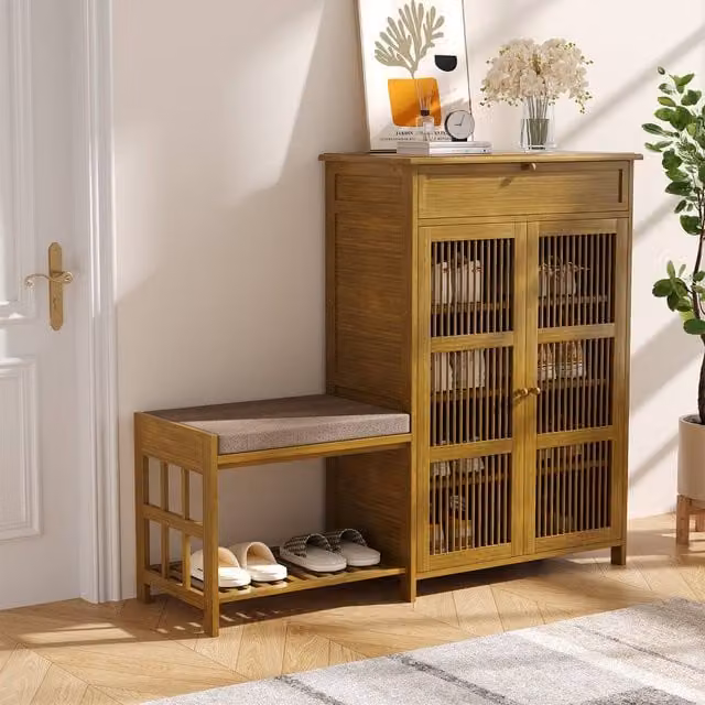 Living and Home Bamboo Entryway Shoe Cabinet and Bench in Brown