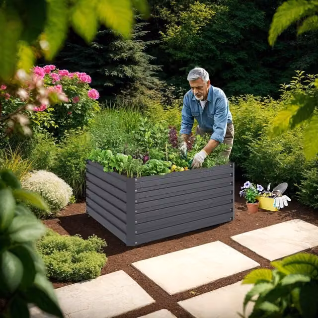 Tectake Galvanised Steel Raised Bed in Anthracite Grey, W/D/H: 100 x 100 x 56 cm