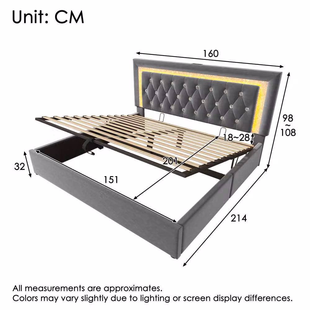 Merax Grey Velvet Hydraulic Storage Bed with LED Under-Bed Lighting and USB Charging Port, W/D/H: 180 x 160 x 200 cm – 2