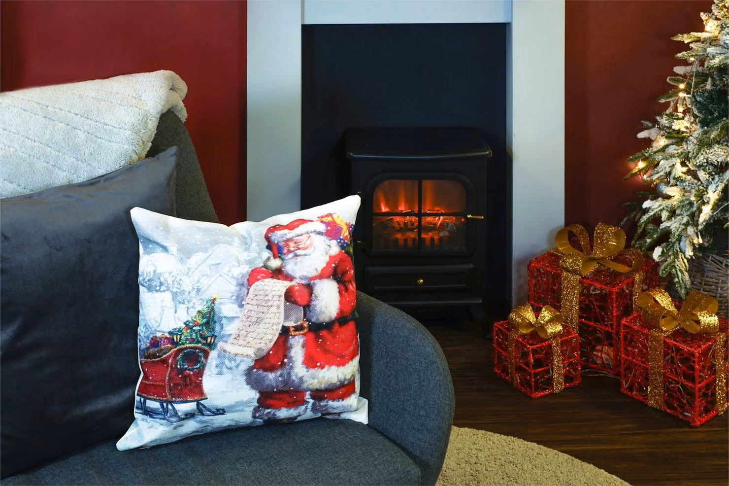 Netagon Christmas Themed Square Cushion in Grey and Multicolour with Washable Linen Cover and Hollow Fibre Filling, W/D/H: 40 x 40 x 40 cm – 4