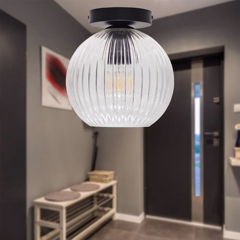 First Choice Lighting Betchley Black Ceiling Light Fitting with Transparent Ribbed Glass Sphere – 2