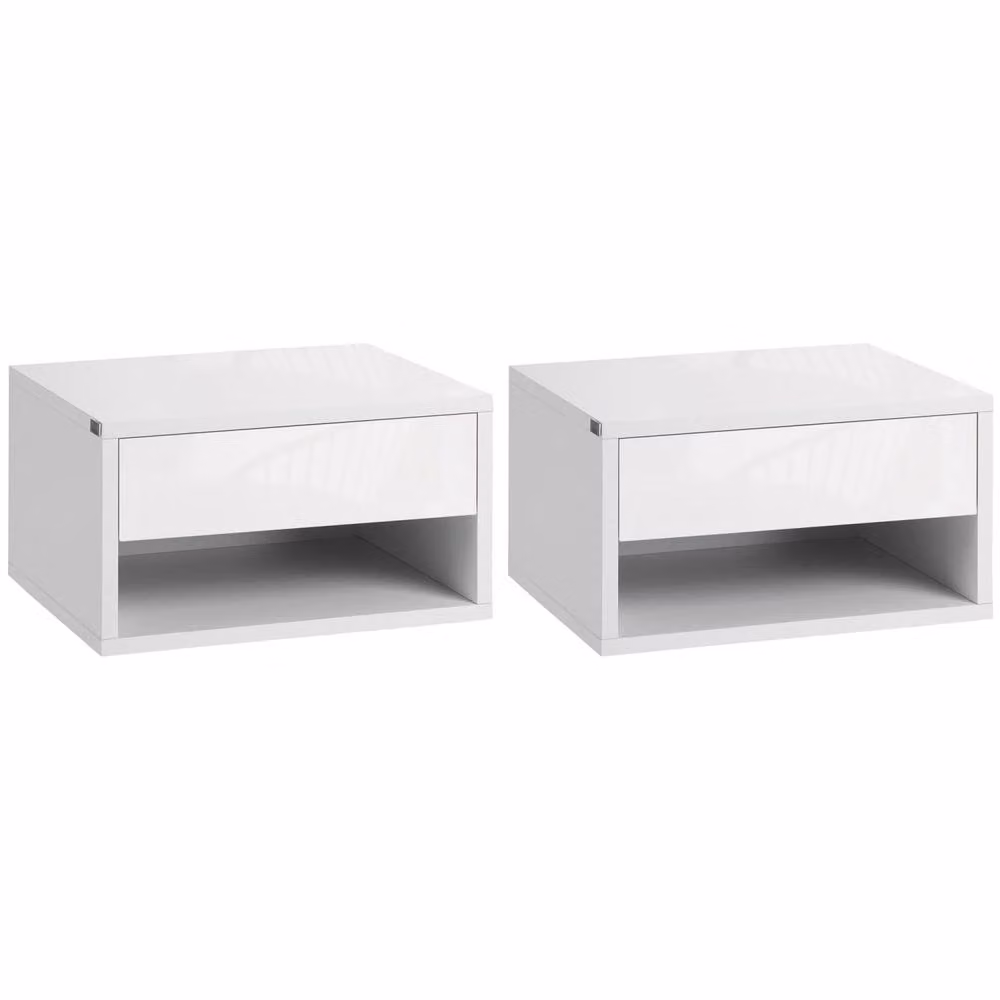 Wyld Haus Set of 2 High Gloss White Floating Bedside Tables with Drawer and Shelf – 2
