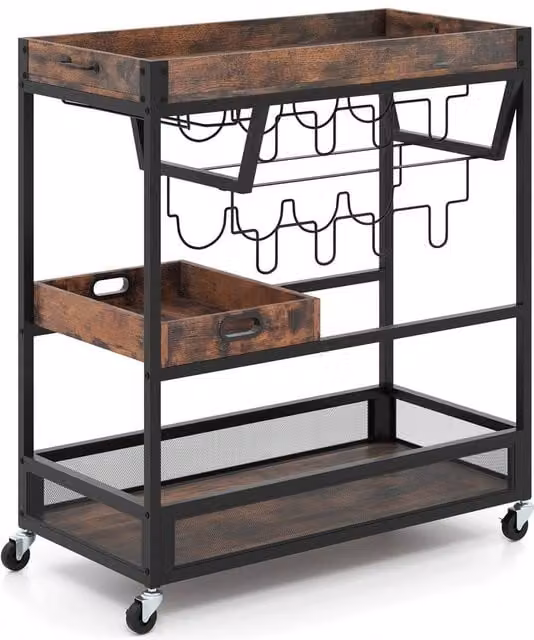 VOGREX Brown 3-Tier Industrial Kitchen Serving Trolley with Glass and Metal Construction