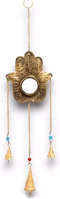 KDMK Indian Chimes Hamsa Small Mirror with 3 Bells in Gold