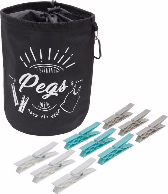 JVL Large Peg Bag with 72 Strong Plastic Pegs in Black