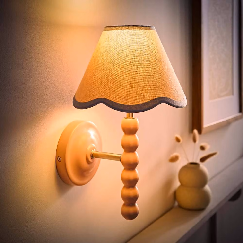 ValueLights Bobbins Pair of Pink Wall Lights with Blue Fabric Shades and Bulbs – 2