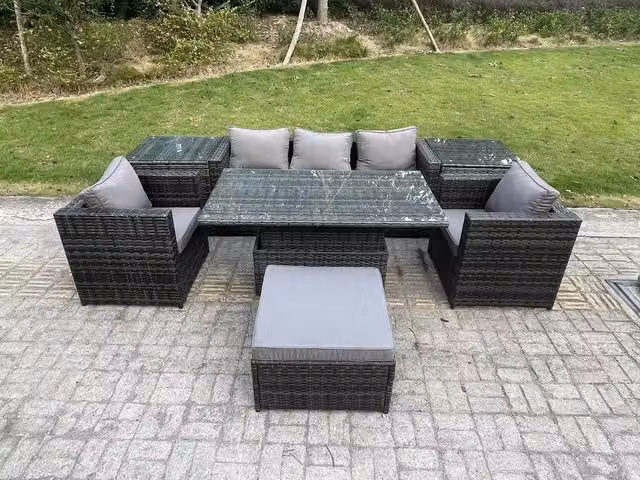 Fimous 6 Seater Rattan Garden Furniture Set with Adjustable Lifting Dining Table and 2 Armchairs in Dark Grey