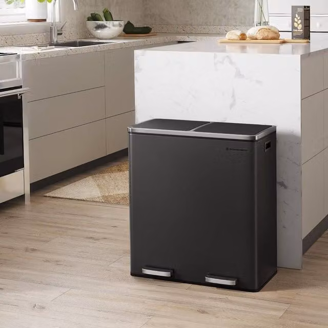 SONGMICS Dual Recycling Bin with Pedal and Multi Compartments in Black – 1