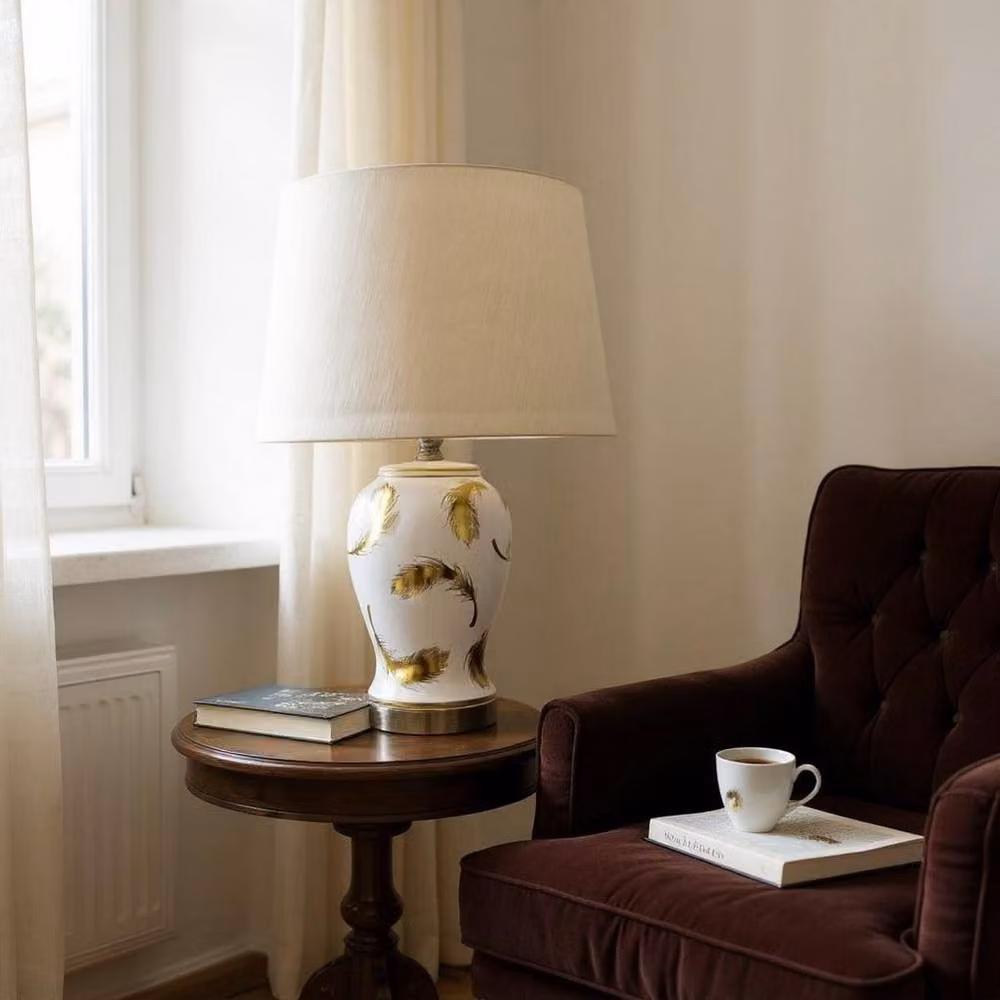 Minster Ceramic Tabletop Lamp and Shade in Brown and White, W/D/H: 40 x 26 x 65 cm – 3
