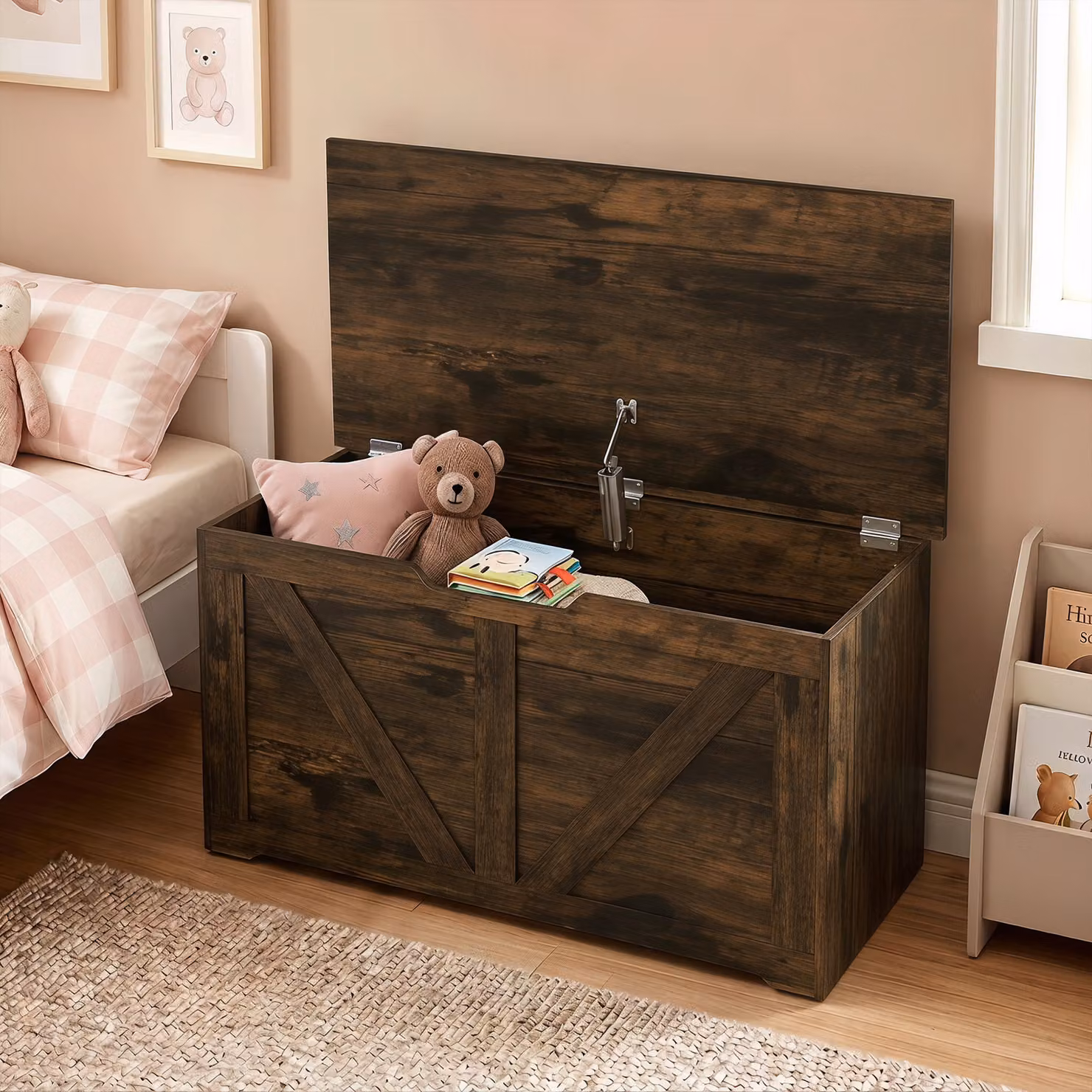 HOMCOM 100L Home Storage Box with Soft Close Lid in Rustic Brown Wood-Effect, W/D/H: 80 x 45 x 36 cm – 8