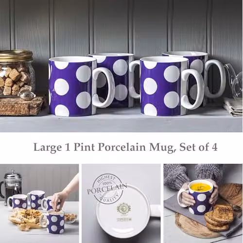 WM Bartleet & Sons 1750 Set of 4 Porcelain Mugs, 568ml, White and Purple Dotted – 2