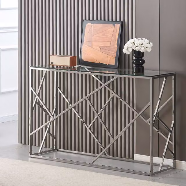 Comfy Living Silver Metal and Glass Geometric Rectangular Console Table
