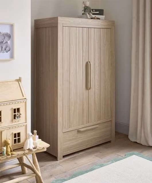 Mamas & Papas Classic Brown Wood Wardrobe with Soft Close Doors and Internal Shelves