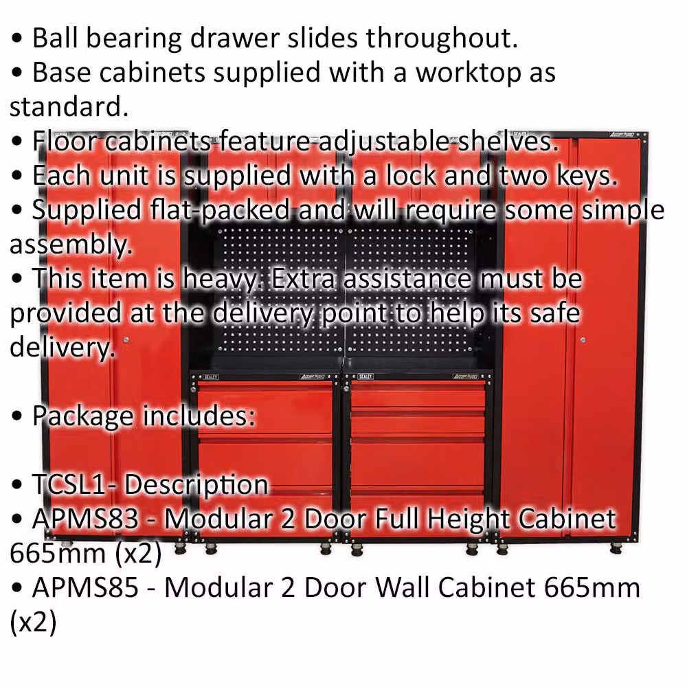 Loops Premium 2.6m Modular Garage Storage System in Red and Multicolour, Heavy Duty Metal Wall-Mounted Workshop Cabinets with Hinged Doors and Internal Shelves – 2