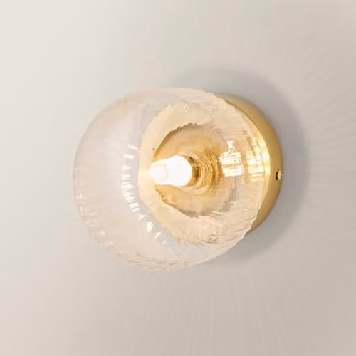 ValueLights Calpe Small Brushed Gold Clear Ribbed Glass Flush Wall Light