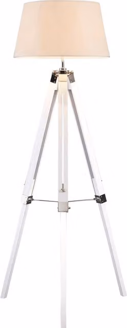 Orsina Industrial Minimalist Tripod Floor Lamp in White and Wood with Fabric Shade