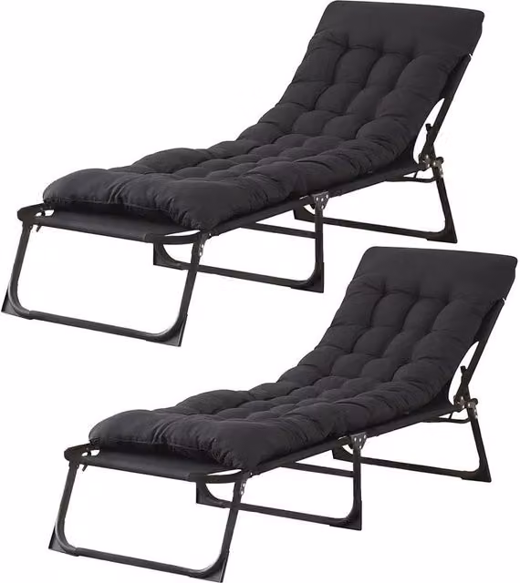PAWNORA Double Folding Sun Lounger Recliners in Black with Weatherproof Cushions