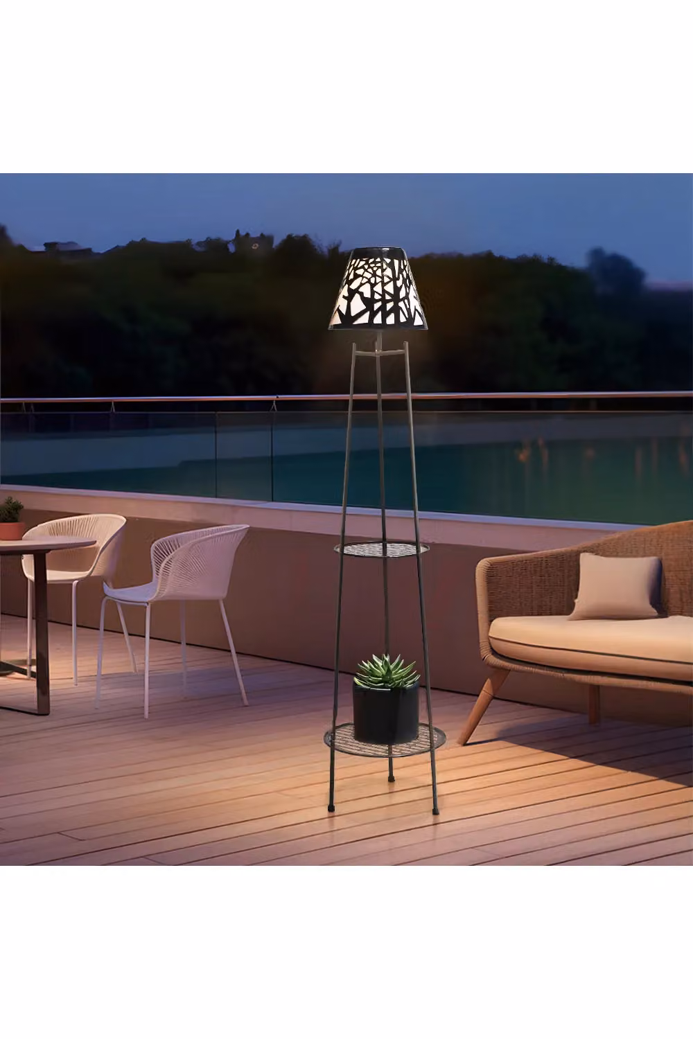 H&O Direct Set of 2 Two-Level Solar Plant Stands with Integrated Warm White Lighting in Black – 2