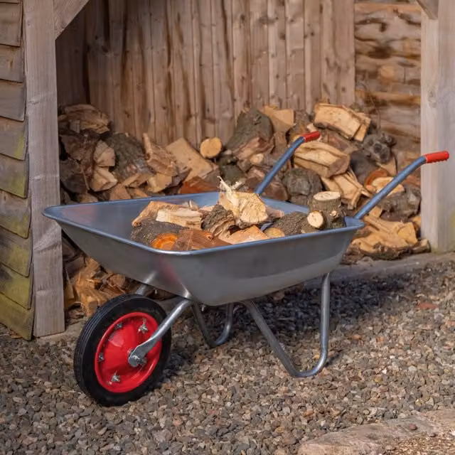 Samuel Alexander Heavy Duty Galvanised Metal Garden Wheelbarrow with Solid Puncture Proof Tyre, Silver, 65 Litre, 60kg Capacity
