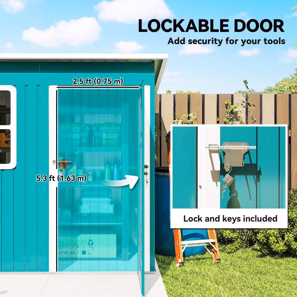 Rolipo Galvanised Steel Pent Garden Shed with Window and Lock, Green/Teal, W/D/H: 213.36 x 121.92 x 182.88 cm – 6