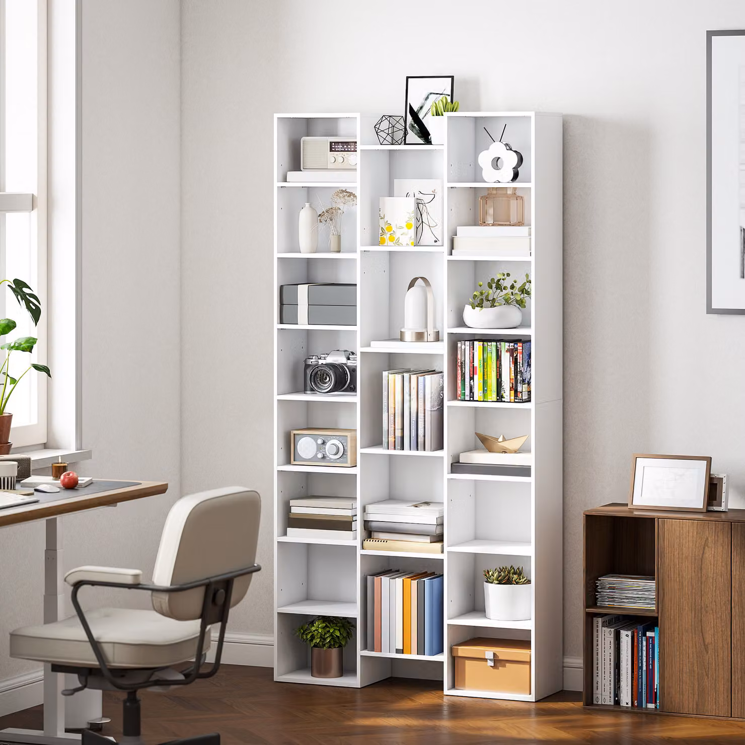 HOMCOM 21-Compartment White Wood Cube Bookshelf with Adjustable Shelves and Back Panel – 3