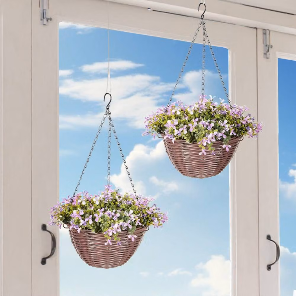 Wyld Haus Fito Set of 2 Purple and Green Artificial Hanging Flower Baskets with Mixed Leaves – 3