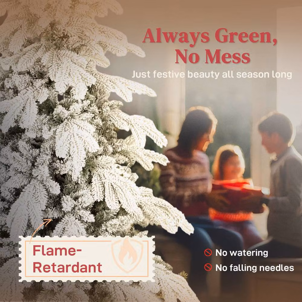 HOMCOM 4.7ft Snow Flocked Artificial Christmas Tree in Green and White – 4