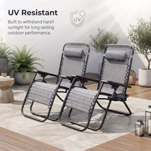 Alivio Set of 2 Grey Zero Gravity Sunloungers with Adjustable Headrest, Cup Holders and Armrests – 3