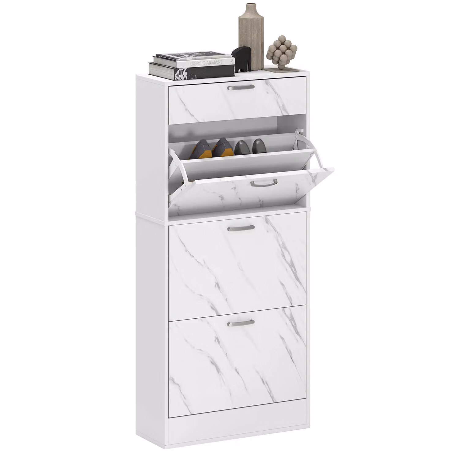 HOMCOM Modern Shoe Cabinet Organiser with 4 Drawers and Tilting Compartments for 18 Pairs, Black and White – 2