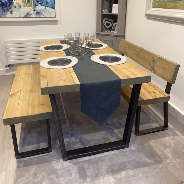 TRL Handmade Furniture Grey and Brown Wood Dining Table with Benches, Industrial Style, W: 120 cm, L: 220 cm