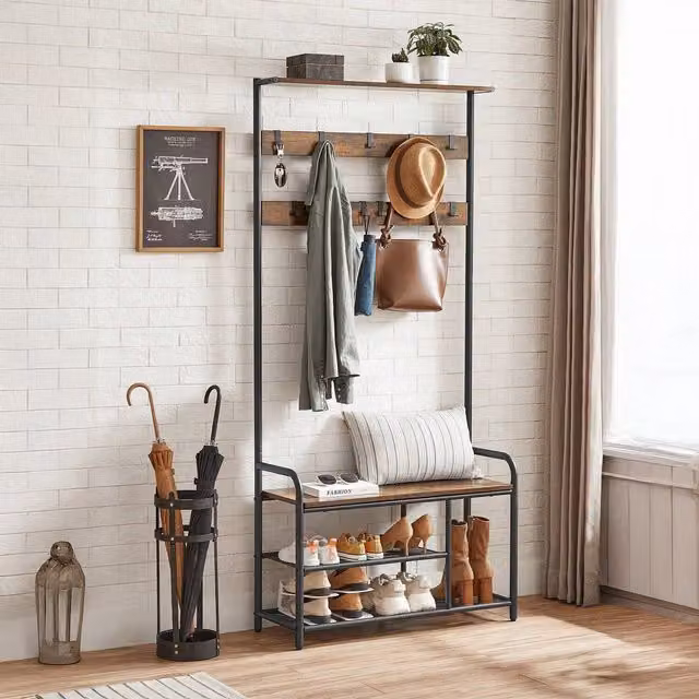 VASAGLE Industrial Hall Tree with Bench, Hooks and Shelves in Bronze, Brown and Black