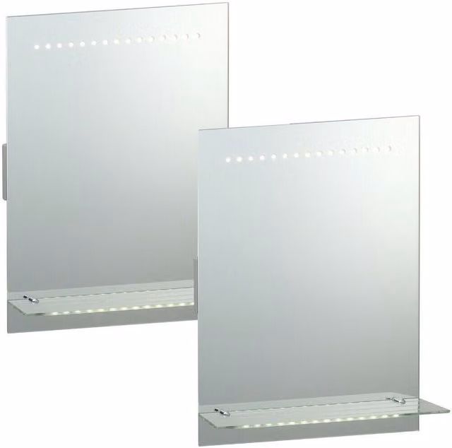 Loops 2 Pack IP44 LED Bathroom Mirror with Shaver Socket and Vanity Light Shelf, Silver, W: 50 cm, H: 39 cm