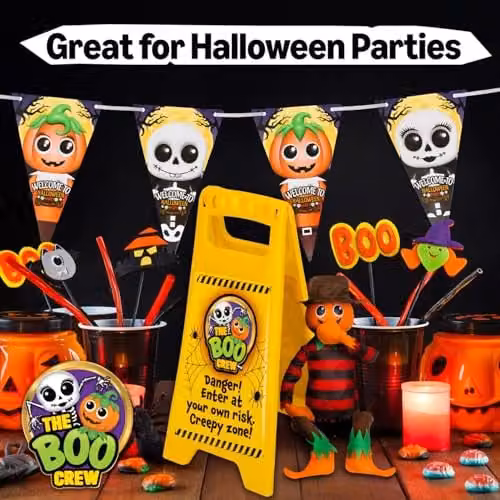 VFM e-Store The Boo Crew Halloween Warning Sign Enter At Own Risk, Yellow Plastic Rectangular Decoration – 4