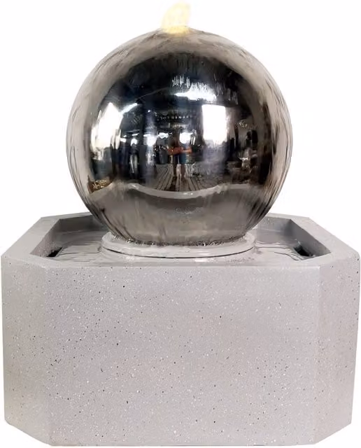Tranquility Sphere Square Modern Metal Water Feature with Resin Base in Grey and Silver