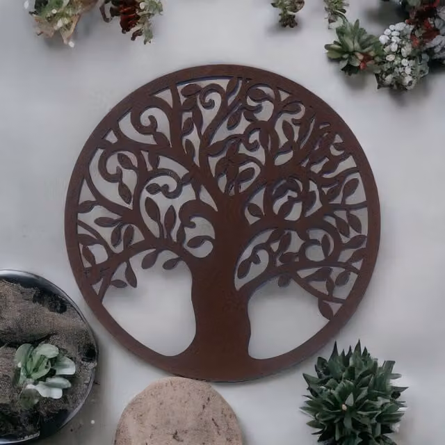RW NORFOLK Tree of Life Rusty Metal Wall Art Garden Decoration, Brown Floral Design, H 55.0 cm x W 55.0 cm x D 1.0 cm
