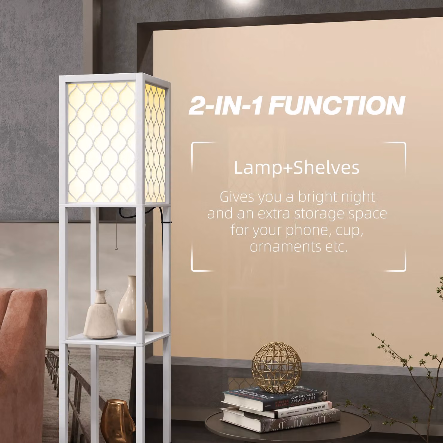 HOMCOM Modern 2-Light Floor Lamp with Shelves in White – 3