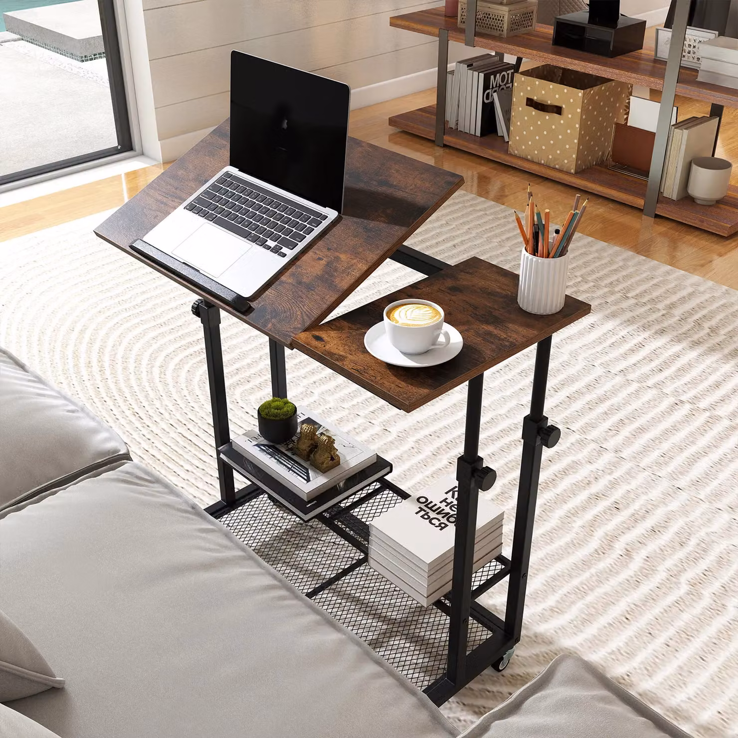 Gymax Height Adjustable Mobile Standing Desk with Tilting Tabletop and Shelves in Brown – 4