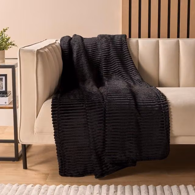 OHS Black Ribbed Faux Fur Throw