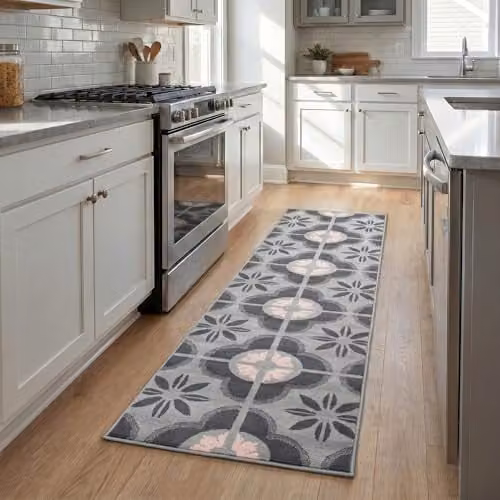 Bravich Pink and Grey Floral Tiles Hallway Runner Rug, W/D/H: 60 x 300 cm – 2