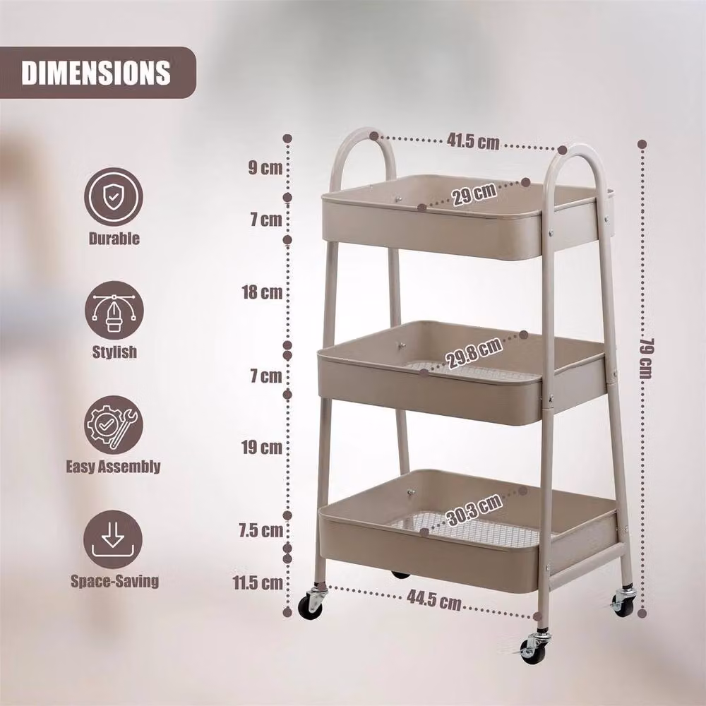 EONLION 3 Tier Metal Rolling Storage Trolley on Wheels in Beige – 2