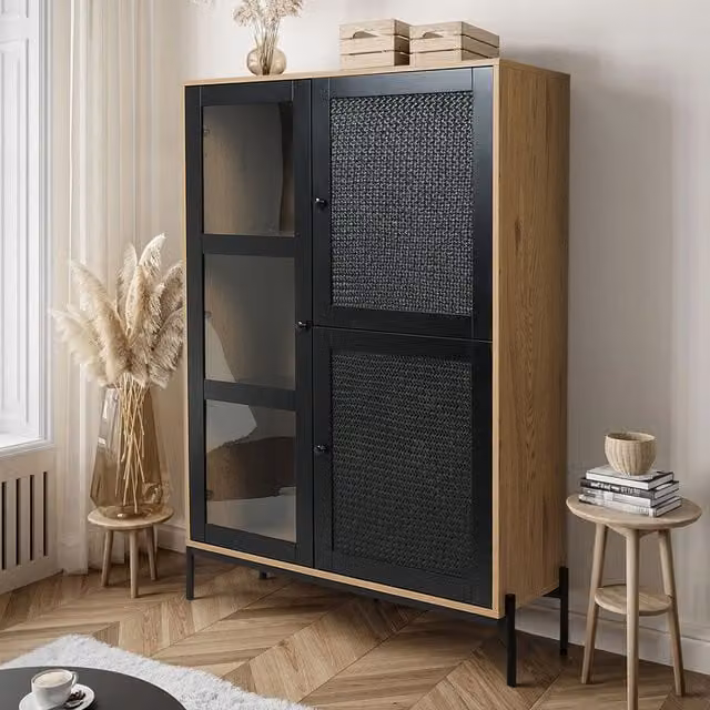 Komore Modern Black Wooden Side Cabinet with Glass and Woven Rattan Doors
