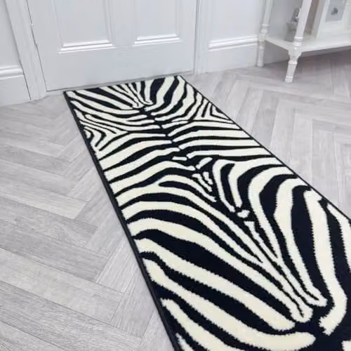 runrug Zebra Print Hallway Runner Rug in Black, W: 60 cm, L: 300 cm – 1