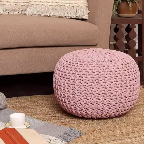 Snug City Pink Chunky Knitted Round Cotton Pouffe Ottoman Footstool – 6