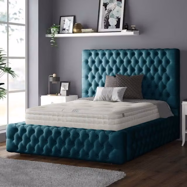 IH Design Chesterfield Upholstered Plush Velvet Bed Frame, Petrol Green, W/D/H: 90 x 190 cm